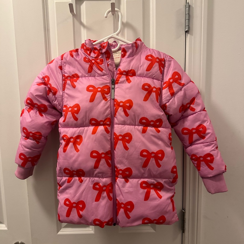Pink Puffer Jacket with Red Bow Pattern